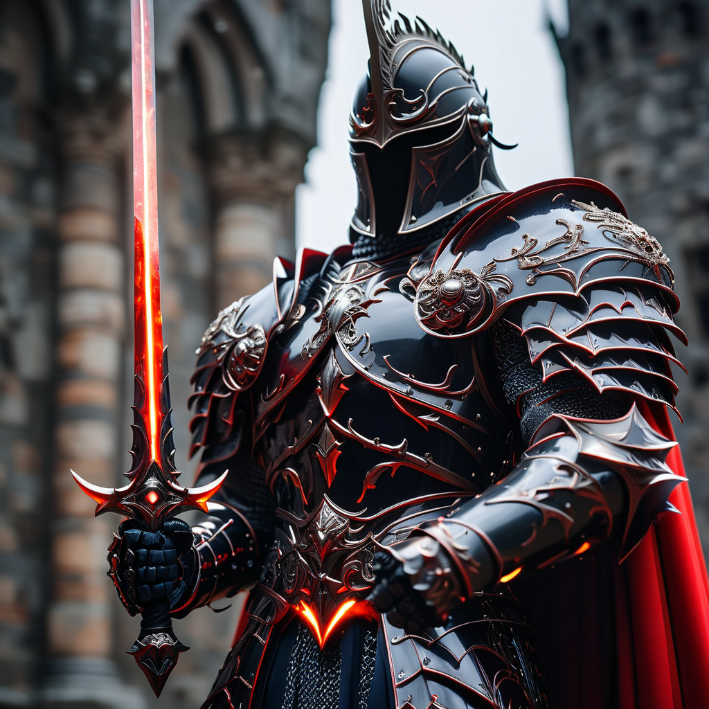 Close up shot of a beautiful knight, wearing ObsidianFireRed armor and cape, holding glowing sword infront of him, standing up, castle in background, HKStyle, HD, masterpiece, best quality, hyper detailed, ultra detailed, super realistic