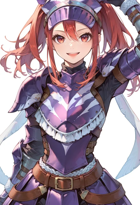 (score_9:0.9),score_8_up,score_7_up,anime style,rating_safe,(zPDXL),<lora:Hermitaur armor ponyXL v2:0.74>,Hermitaur armor X,purple gauntlets,purple boots,1girl,solo,red eyes,smile,open mouth,looking at viewer,white background,:d,simple background,long hair,arm up,bangs,sidelocks,teeth,red hair,upper teeth only,cowboy shot,hair between eyes,wings,purple armor,visor cap,