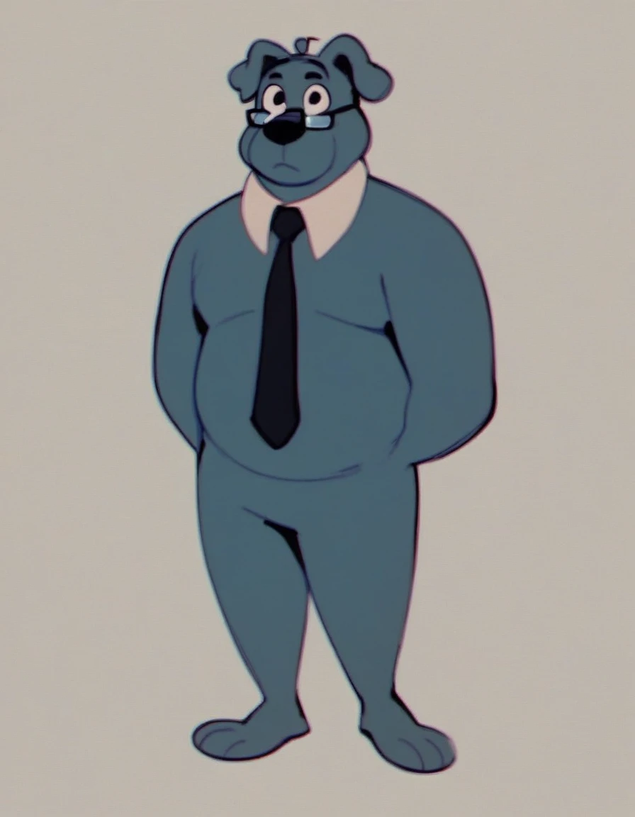 Kolin_Kelly, 1boy, solo, standing, full body, no humans, black eyes, dog, glasses, light blue fur, dark blue necktie, white collar, naked, nude