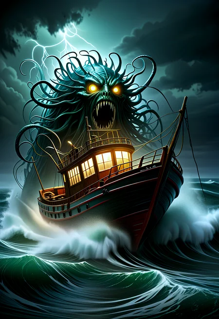 shine, (HP Lovecraft Monster attacks trawling boat), fierce storm raging, chaotic waves crashing, dim lantern light flickering, creating eerie shadows, subsurface scattering, Attracting prey with light, Nerves
