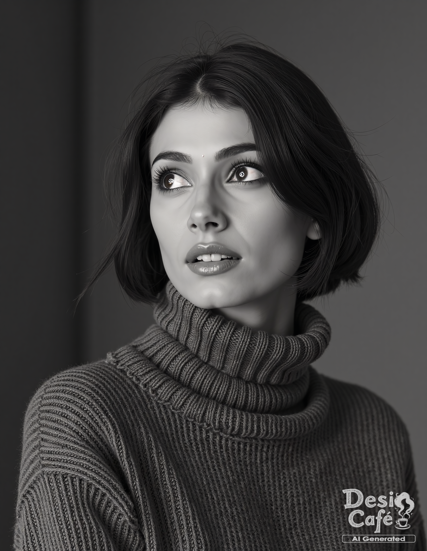 vintage greyscale photo of sum1t s1ngh woman, hyper realistic photo that is safe for work, expression of wonderment with wide eyes, studio quality image, well dressed wearing intricate turtlenecksweatshirt, hair styled as bob,muted shaded background that contrasts with the person, cinematic lighting,âââââ <lora:Sum1t_S1ngh_Flux_Kohya_V1:0.8>âââ