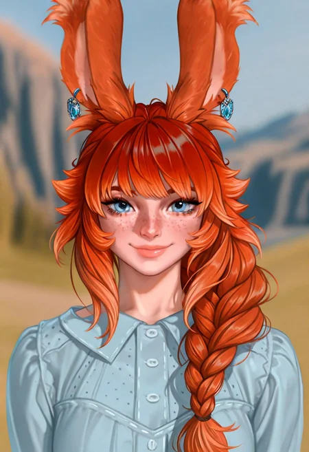 masterpiece, very aesthetic, high score, newest, best quality, FF_V13R4, 1girl, solo, animal ears, rabbit ears, freckles, viera, blurry background, earrings, long hair, looking at viewer, braid, jewelry, lips, upper body, red hair, blurry, bangs, blue eyes, smile, orange hair