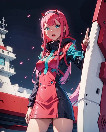 (<lora:Zero_Two_Darling:0.8> Zero_Two_Darling, :1.2), (full length 24 years old adult woman medium bosom:1.1), BREAK teal eyes, , (Zero Two from Darling in the Franxx style of Steven Klein), bold pink hair, teal blue eyes, sharp futuristic crown, silver horns, dark leather pilot suit, neon cityscape, burning skies, striking defiant pose, reflective chrome surfaces, intense red and blue lighting.