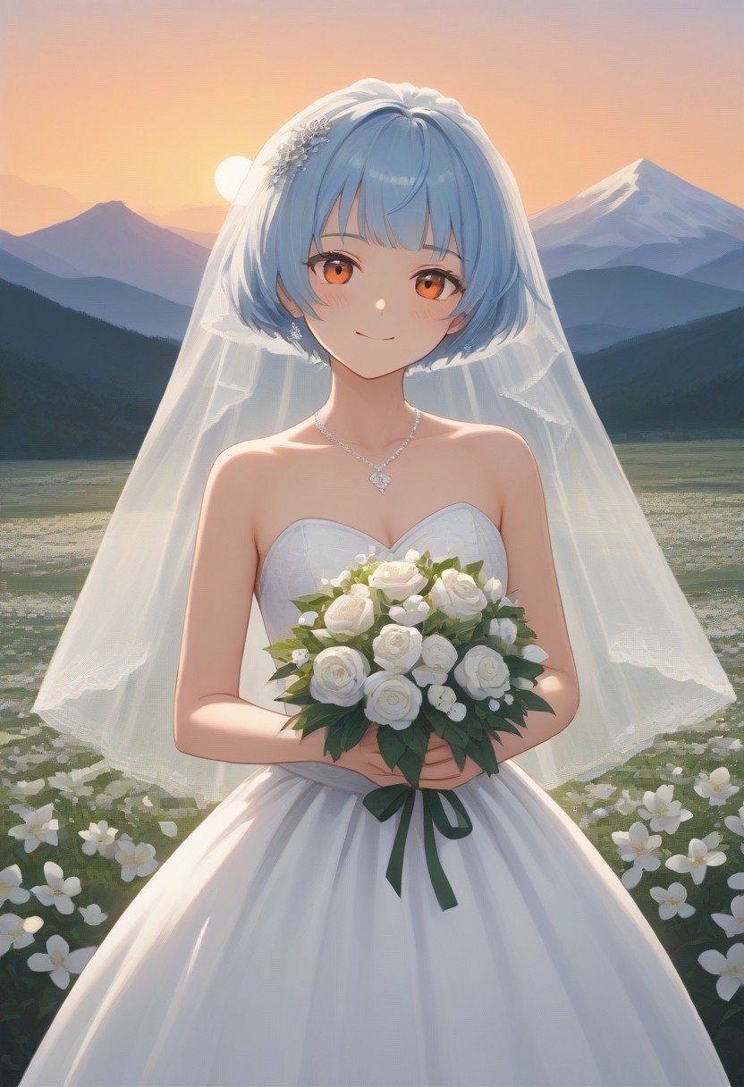 score_9, score_8_up, score_7_up, source_anime, BREAK blue hair, short hair, orange eyes, wedding dress, mountain vista, sunset, light smile, blush, looking at viewer, holding bouquet, white flowers, epiphyllum