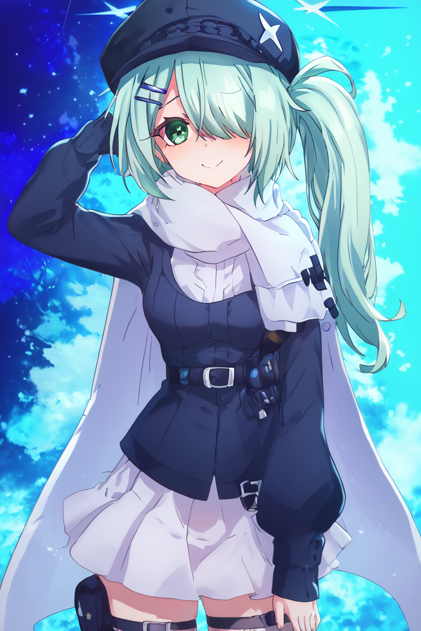 score_9, score_8_up, score_8, medium breasts, (curvy), cute, eyelashes,       BREAK, , ,,,  zzHiyori, long hair, hair over one eye, side ponytail, hairclip, hair ornament, aqua hair, green eyes, black headwear, hat, cabbie hat, long sleeves, white skirt, belt, white scarf, <lora:Hiyori_BlueArchive_PDXL_v2:0.8>,   ,,,, BREAK, (warm colors), smile, looking at viewer, cowboy shot, ,,, embedding:zPDXL, Expressiveh, ,,, <lora:PrismaIllya_PDXL_v3:1.0>, <lora:SDXLFaeTastic2400:0.5>, <lora:Expressive_H-000001:0.4>,