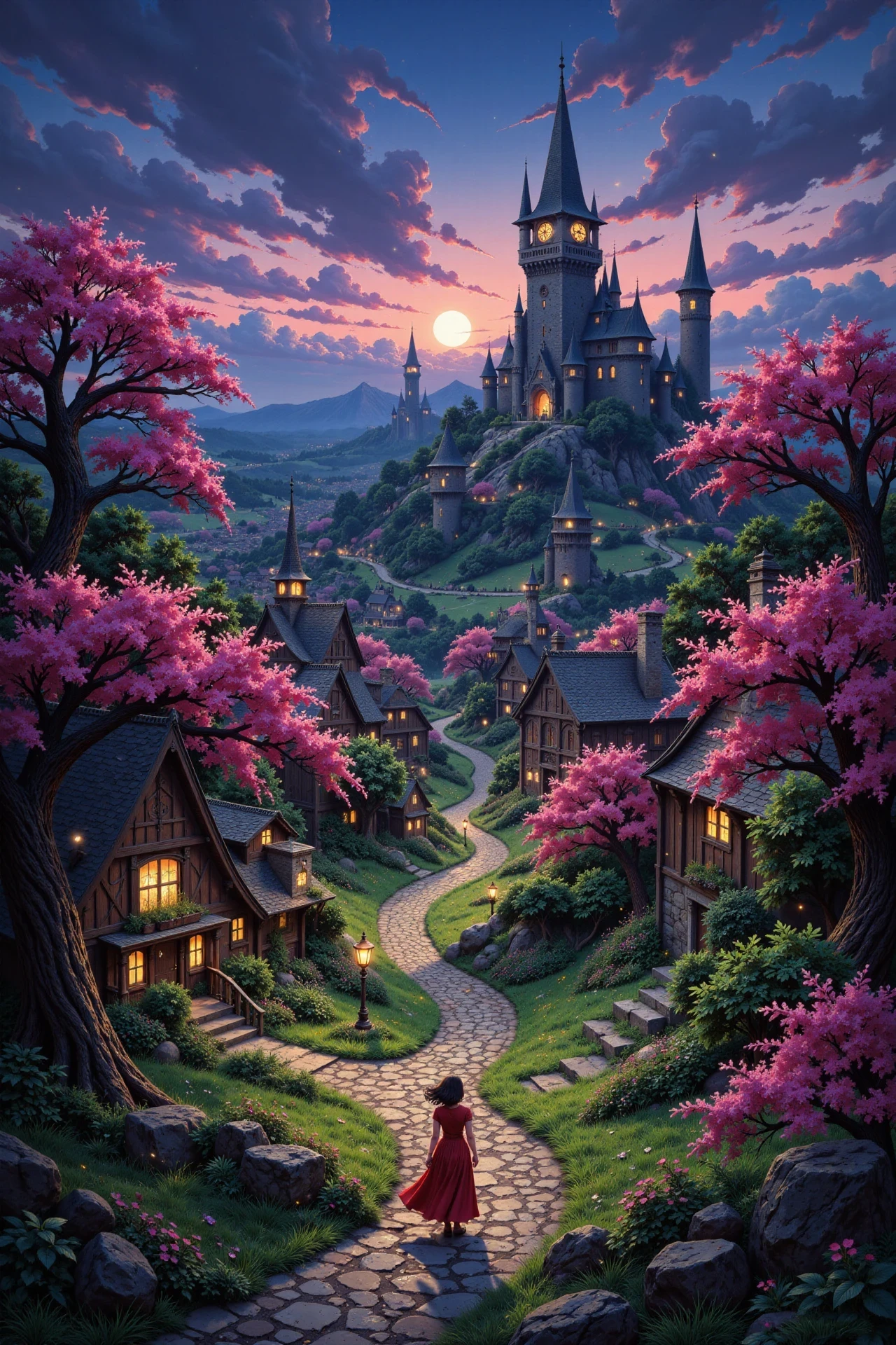 wizards town beautiful anime landscape, evening, woman, very intricate, very detailed, sharp, bright, colorful, <lora:Hand v2:0.5> <lora:Anti-Blur:1><lora:Insane Detail Slider:0.25>  <lora:flux.1_lora_flyway_Epic-detail_v2:0.3> <lora:fluxenhancer:0.25> <lora:ROWER:0.6> <lora:flux-charmer-v1-1:0.4> <lora:Colorful_Fantasy_Art_for_FLUX:1> fantasy art