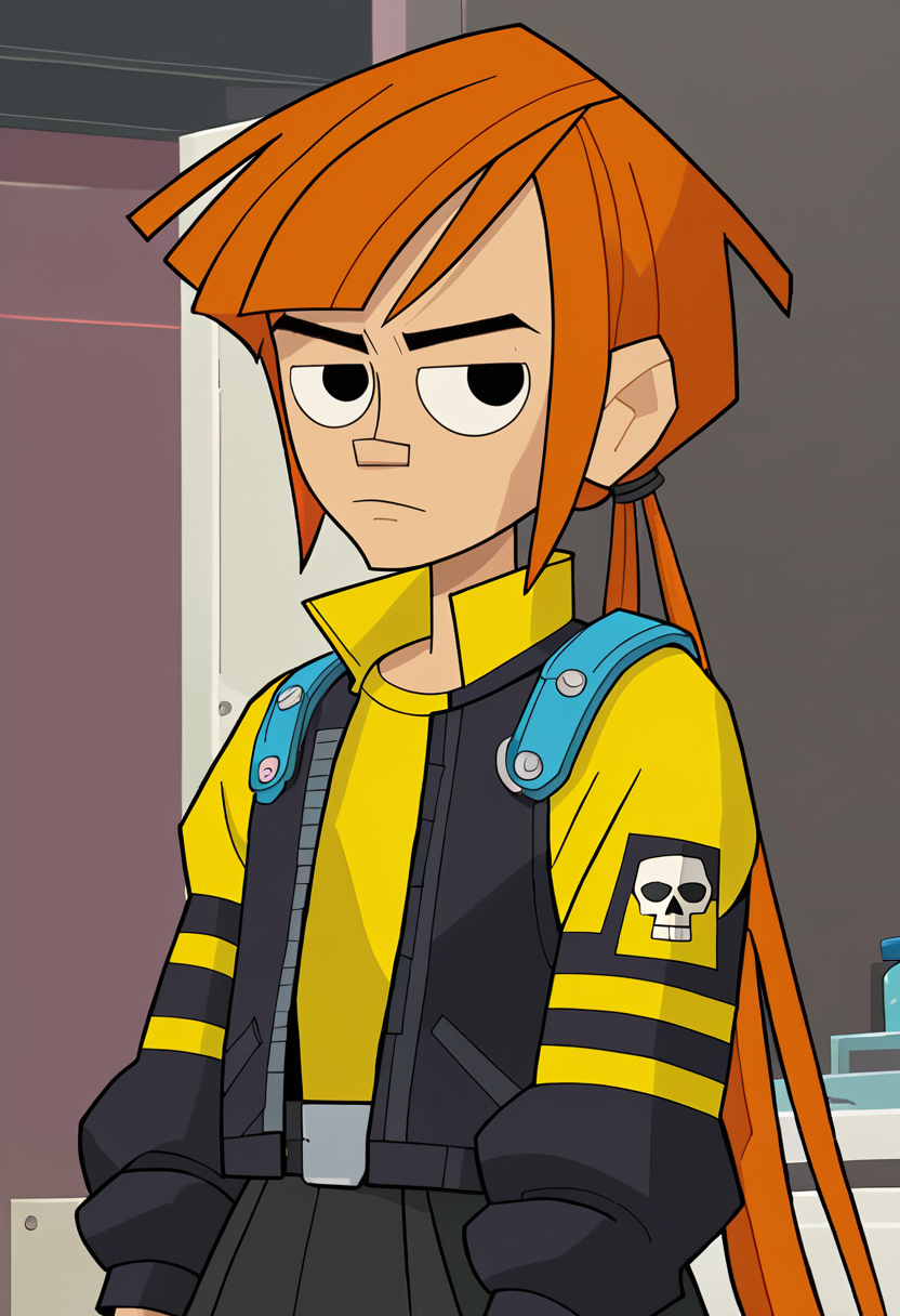<lora:TwelveForever_Reggie_Pony:0.9>, reggie \(endless\), reggie \(twelve\), twintails, reggie, twelve forever, 1girl, solo, orange hair, long hair, black eyes, bangs, gothic, masterpiece, best quality, score_9, score_8_up, score_7_up
