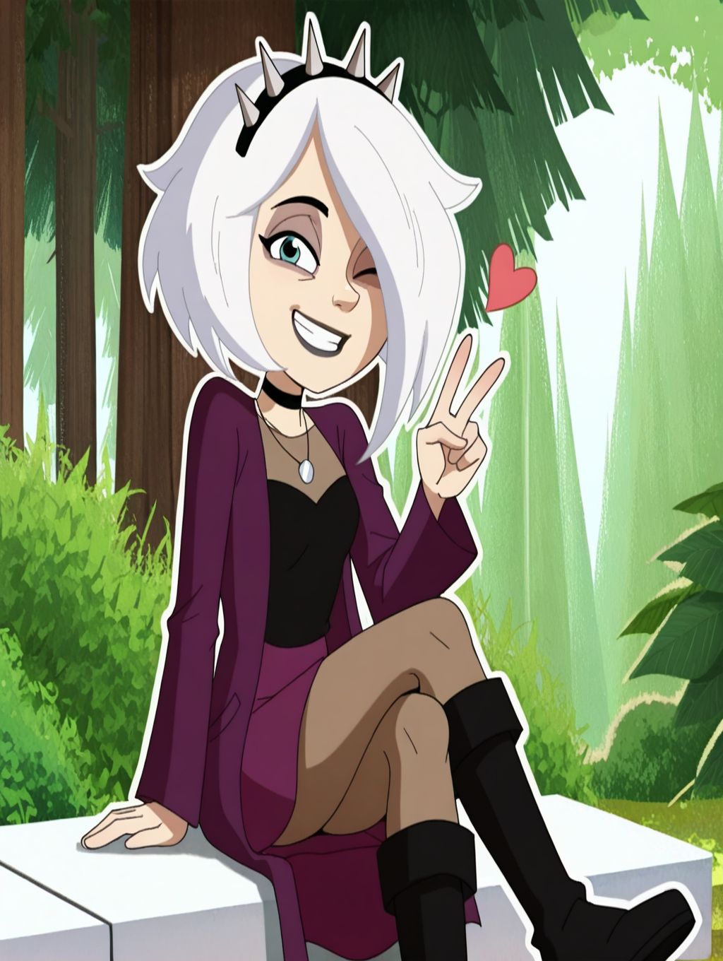 CharmcasterReboot,1girl, white hair, hair_over_left_eye, black spiked headband, black choker, necklace, black top, purple coat, magenta skirt, leggings, black boots, (sitting, crossed legs,happy,:), looking at viewer, heart, petite, v, winking,),((white_background, White frame), ((Morning, nature, sunlight,White frame, white outline))
