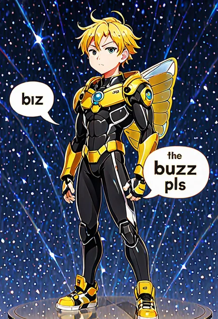 source_anime, score_9_up, score_8_up, score_7_up, score_6_up, score_5_up, score_4_up, masterpiece, best quality, high quality, full body image, 1boy, solo mangadouma, goldfans, text, the word "buzz pls", speech bubble,