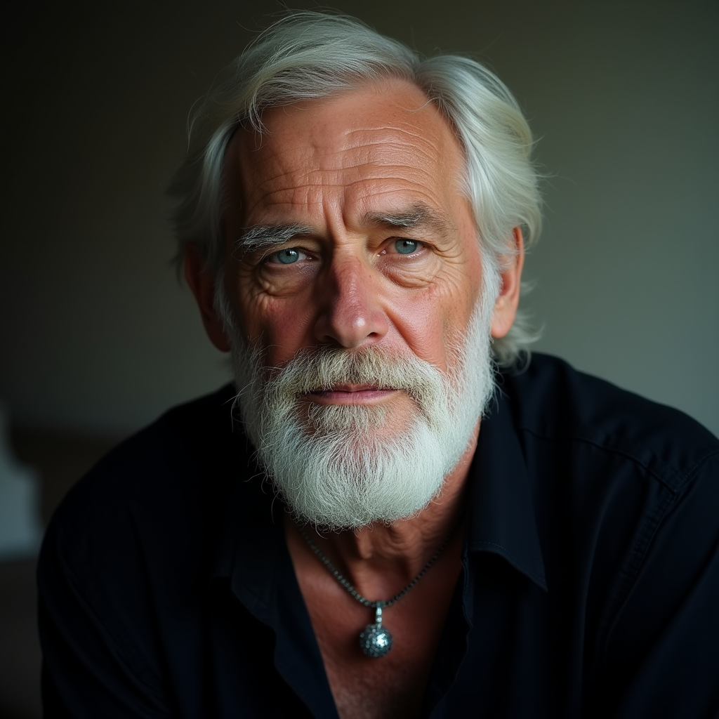 <lora:Kodak Motion Picture Film style v1:1>
Film grain still image of a man with a white beard and a black shirt,solo,blue eyes,1boy,jewelry,white hair,male focus,necklace,facial hair,scar,portrait,beard,realistic,old,old man , cinematic look, film look, filmic, contrast, detailed, high quality, sharp image, film color, Kodak Motion Picture Film style, different color, different people, different look, different style, 35MM Film, 16MM Film, Photographic film, music video style, artistic style, cinematic style, film granularity, film noise, image noise, artistic effect, Fujicolor, Fuji film, Analog photography, movie style, movie still, Film grain overlay, Film Grain style