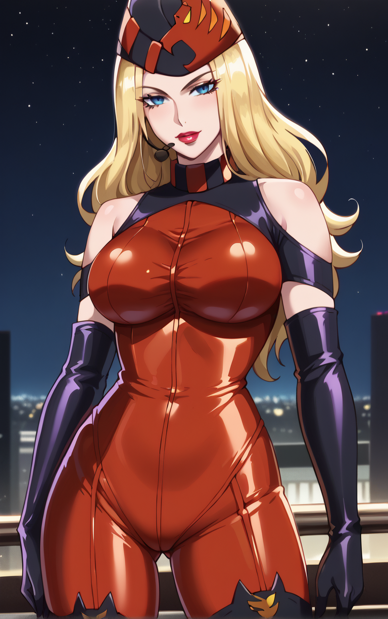 score_9, score_8_up, score_7_up, looking at viewer,  BREAK
BodySuitHat_MissX_ownwaifu,
1girl, blonde hair, long hair, lipstick, makeup, blue eyes, hat, large breasts, red lips, headset, thigh boots, eyelashes, nurse cap, 
elbow gloves, bodysuit, black gloves, bare shoulders, clothing cutout, thighhighs, gloves, skin tight, fingerless gloves, latex, red bodysuit, shiny clothes,
(standing, arm_support), railing, cityscape, night, city, city lights, scenery, starry sky, outdoors, <lora:PONYXL_TigerMaskX_MissX_ownwaifu:0.8> , depth of field, solo,