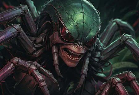 cinematic, stunning, gorgeous, masterpiece, high quality, (best quality:1.1), Close dystopian portrait illustration of a tarantula dark green, black, purple and red tones. dense foilage emphasize the drama of this digital artwork, which is kept in the style of ((classic comics)) but still has a modern look. a strong red hue.
