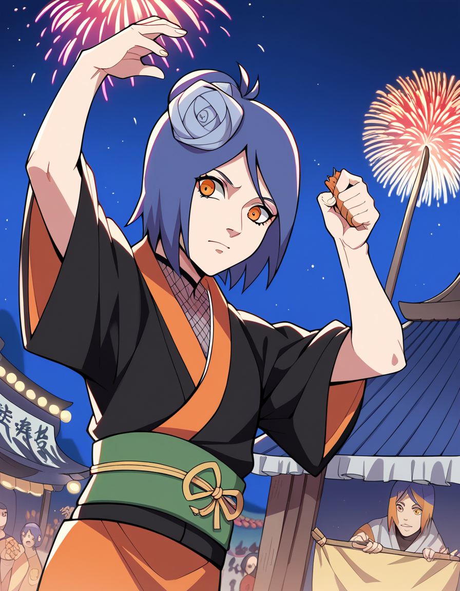 score_9, score_8_up, score_7_up, source_anime, <lora:konan-shippuden-anime-ponyxl-lora-nochekaiser:1>, konan, short hair, hair ornament, blue hair, flower, hair flower, orange eyes,, fishnets, japanese clothes, skirt,, festival, fireworks, summer night, food stall, traditional, arms up,, , , arm holding an object, solo,, cowboy shot, dutch angle