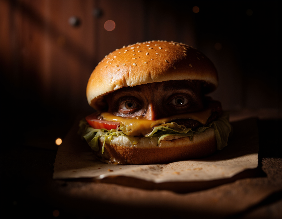 <lora:Oddart:0.8> oddart, A surreal and unsettling photograph of a burger, but instead of a traditional meat patty, it has a pair of human eyes staring back, with intricate details such as eyelashes, pupils, and a hint of moisture, giving the impression of being alive. The eyes are a deep brown color with a golden sparkle, and they seem to be looking directly into the viewer's soul, conveying a sense of unease and curiosity. The burger's bun is toasted to a golden brown, with sesame seeds and a few streaks of melted cheese, while the lettuce and tomato slices appear fresh and crisp, but they can't distract from the unsettling presence of the eyes. The lighting is dim, with a warm glow emanating from the background, casting long shadows across the burger, and accentuating the texture of the eyes. The atmosphere is eerie and dreamlike, with a sense of foreboding, as if the burger is about to blink or speak. The shot is a close-up, with a shallow depth of field, blurring the surrounding environment and focusing the viewer's attention on the unblinking eyes. The overall mood is one of bizarre fascination, inviting the viewer to ponder the meaning and origin of this strange and thought-provoking image. The photograph features a high level of detail and texture, with a hint of grain and noise, giving it a sense of realism and authenticity. . 35mm photograph, film, bokeh, professional, 4k, highly detailed