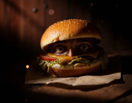 <lora:Oddart:0.8> oddart, A surreal and unsettling photograph of a burger, but instead of a traditional meat patty, it has a pair of human eyes staring back, with intricate details such as eyelashes, pupils, and a hint of moisture, giving the impression of being alive. The eyes are a deep brown color with a golden sparkle, and they seem to be looking directly into the viewer's soul, conveying a sense of unease and curiosity. The burger's bun is toasted to a golden brown, with sesame seeds and a few streaks of melted cheese, while the lettuce and tomato slices appear fresh and crisp, but they can't distract from the unsettling presence of the eyes. The lighting is dim, with a warm glow emanating from the background, casting long shadows across the burger, and accentuating the texture of the eyes. The atmosphere is eerie and dreamlike, with a sense of foreboding, as if the burger is about to blink or speak. The shot is a close-up, with a shallow depth of field, blurring the surrounding environment and focusing the viewer's attention on the unblinking eyes. The overall mood is one of bizarre fascination, inviting the viewer to ponder the meaning and origin of this strange and thought-provoking image. The photograph features a high level of detail and texture, with a hint of grain and noise, giving it a sense of realism and authenticity. . 35mm photograph, film, bokeh, professional, 4k, highly detailed