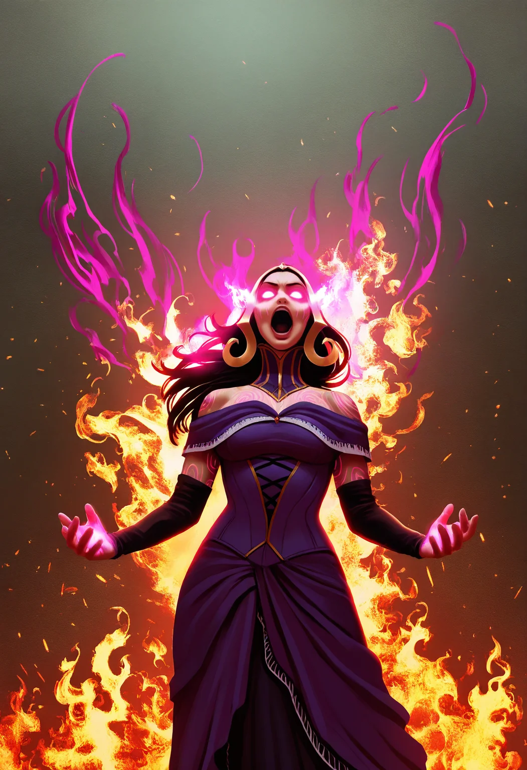 safe, masterpiece, very aesthetic, 1girl, liliana vess, mature female, markings, face markings, glowing markings, glowing eyes, open mouth, scream, fire, purple magic, purple dress, action shot, dramatic lighting
<lora:LilianaVess-MTG_NAIXL_v10:1>