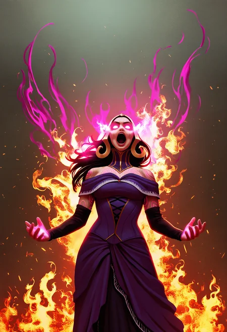 safe, masterpiece, very aesthetic, 1girl, liliana vess, mature female, markings, face markings, glowing markings, glowing eyes, open mouth, scream, fire, purple magic, purple dress, action shot, dramatic lighting
<lora:LilianaVess-MTG_NAIXL_v10:1>