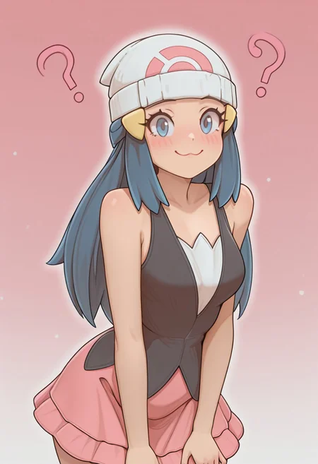 masterpiece, best quality, 
1girl, solo,
dawn \(pokemon\), blue hair, blue eyes, white beanie, dress,
looking at viewer, smile, confused, red cheeks, blush, BartoStyle