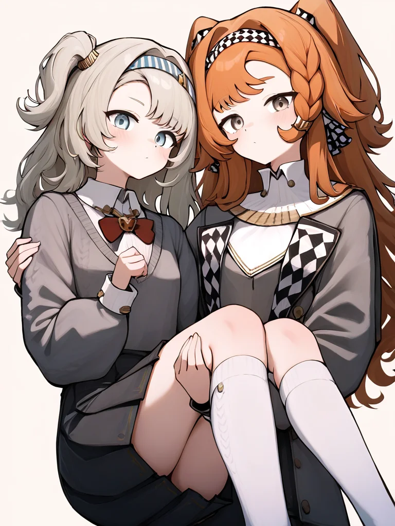 2girls,,black skirt,collared shirt,grey sweater,kneehighs,matilda\(reverse\),red bow,red bowtie,school uniform,white socks,looking at viewer,(sonetto\(reverse:1999\)),(brown eyes:0.8),blue eyes,princess_carry,<lora:madilda-000006:1.2>, masterpiece, best quality, very aesthetic, absurdres