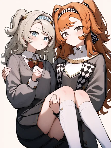 2girls,,black skirt,collared shirt,grey sweater,kneehighs,matilda\(reverse\),red bow,red bowtie,school uniform,white socks,looking at viewer,(sonetto\(reverse:1999\)),(brown eyes:0.8),blue eyes,princess_carry,<lora:madilda-000006:1.2>, masterpiece, best quality, very aesthetic, absurdres