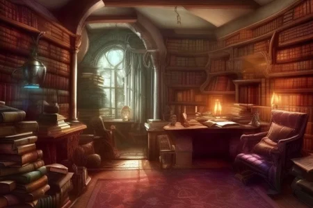 a fantasy bedroom that is also the owner's personal library with books everywhere
FanStu