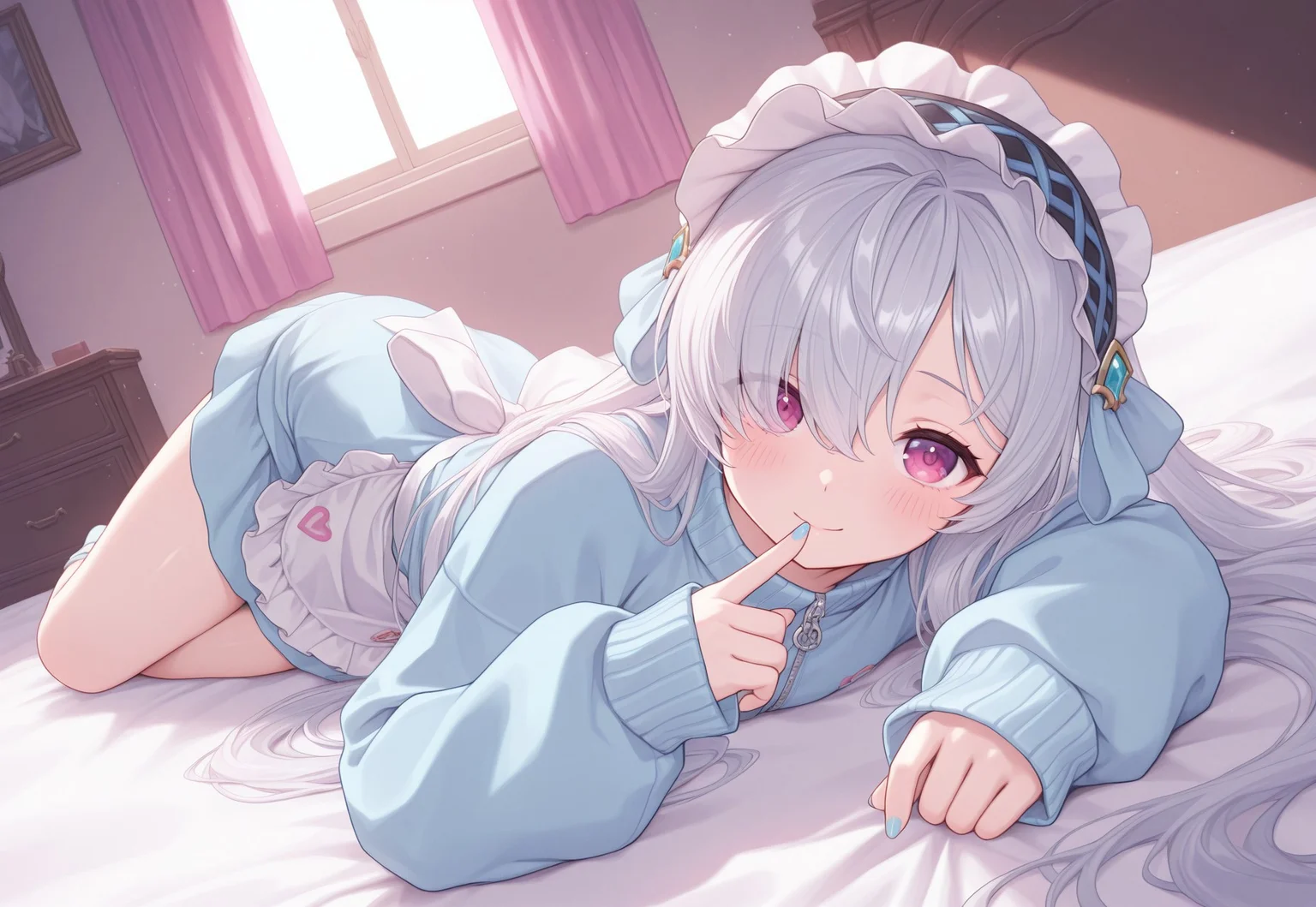 highres, best quality, masterpiece, bedroom, gothic theme, masterpiece, best quality, 1girl, solo, looking at viewer, KRLavril, long hair, hair over one eye, tenshi kaiwai,long sleeves,,hair ornament,blue jacket,frills,track jacket,sleeves past wrists,heart,blue nails,hairband,zipper,blue bow, bandaid,waist apron, masterpiece, best quality, amazing quality, very aesthetic, absurdres, newest, blush, gentle smile, finger to mouth, dynamic angle, lying, heart,