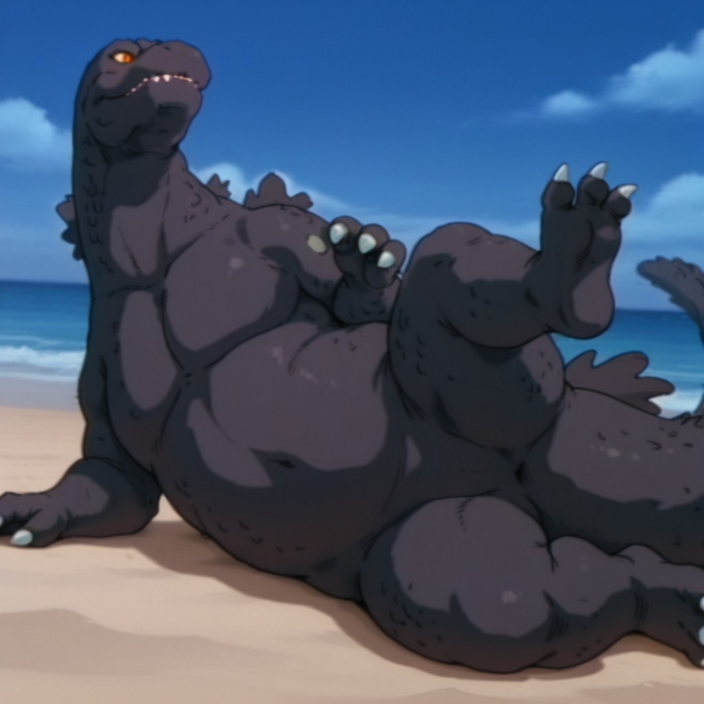 masterpiece, best quality, amazing quality, godzillaDSil, feral, male, godzilla, grey skin, grey back spines, yellow sclera, orange eyes, tail, on side, one leg raised, full body, on beach