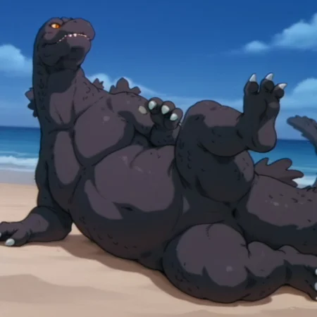 masterpiece, best quality, amazing quality, godzillaDSil, feral, male, godzilla, grey skin, grey back spines, yellow sclera, orange eyes, tail, on side, one leg raised, full body, on beach