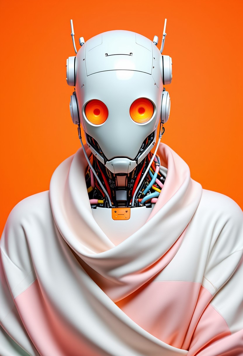 ajpasbot. This image is a highly detailed CGI rendering of a humanoid robot with a distinctly futuristic, almost humanoid appearance. The robot's head is a crisp white with a bright, vibrant orange tint, featuring large, round orange eyes that give it a somewhat human-like expression. The head is adorned with various mechanical parts, including antennae, sensors, and a small, circular panel on the forehead. The robot's neck and torso are covered in a network of white and bright orange wires and tubes, showcasing intricate, advanced machinery.
The robot's body is draped in a flowing garment of stark white and neon orange, blending in bold, surreal contrast with the robot's metallic body. The garment is loosely wrapped around the robot, with one arm crossed over the chest and the other arm resting on the opposite shoulder, giving an impression of casual comfort or restraint.
