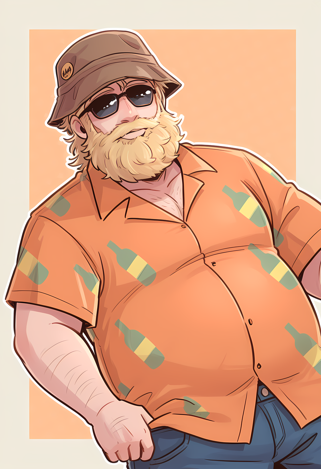 masterpiece, best quality, amazing quality, dutch angle, abstract background, BREAK
1boy, solo, male focus, sppc_kenny, mature male, bucket hat, blonde hair, sunglasses, blonde beard, facial hair, hawaiian shirt, jeans, BREAK
<lora:cfg_scale_boost:.6>  <lora:Kenny_McCormick_Adult_-_South_Park_-_ILXL:1>