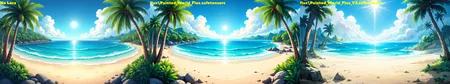 painted world, breathtaking view of a tropical paradise, sandy beaches and a beautiful ocean, palm trees line the horizon as the sun is high overhead