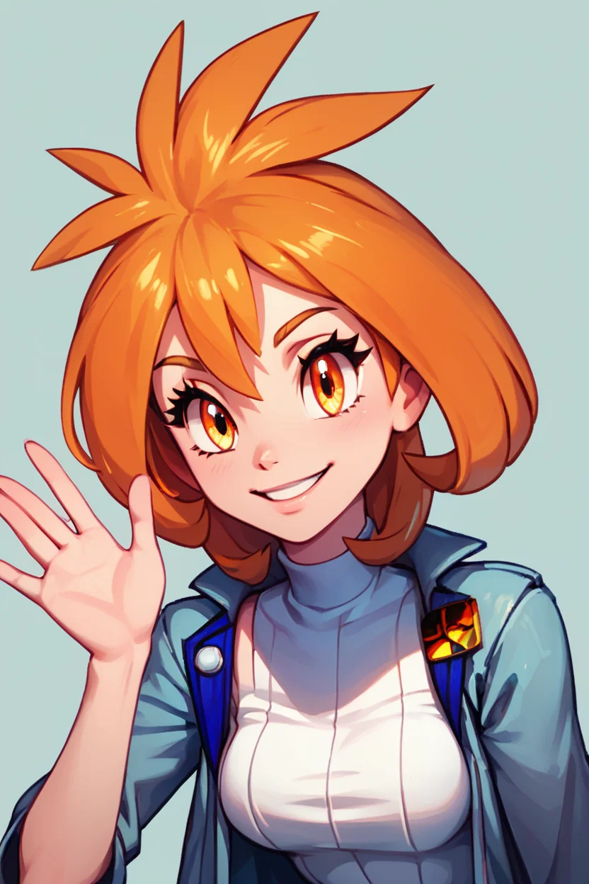 score_9, score_8_up, score_8, medium breasts, (curvy), cute, eyelashes, BREAK, , zzBrigette, short hair, orange hair, orange eyes, white sweater dress, turtleneck, blue jacket, <lora:Brigette_Pokemon_PDXL:0.7>, , BREAK, looking at viewer, smile, waving, upper body, leaning forward, head tilt, embedding:zPDXL, Expressiveh, <lora:CatalystStylePDXL:0.6>, <lora:SDXLFaeTastic2400:0.5>, <lora:Expressive_H-000001:0.4>,
