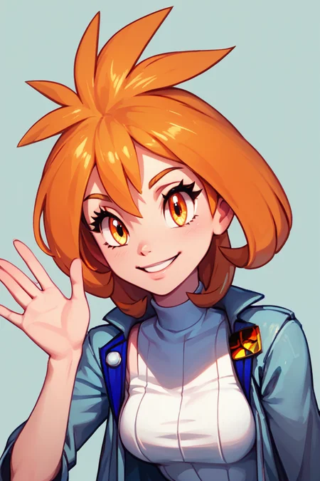 score_9, score_8_up, score_8, medium breasts, (curvy), cute, eyelashes, BREAK, , zzBrigette, short hair, orange hair, orange eyes, white sweater dress, turtleneck, blue jacket, <lora:Brigette_Pokemon_PDXL:0.7>, , BREAK, looking at viewer, smile, waving, upper body, leaning forward, head tilt, embedding:zPDXL, Expressiveh, <lora:CatalystStylePDXL:0.6>, <lora:SDXLFaeTastic2400:0.5>, <lora:Expressive_H-000001:0.4>,
