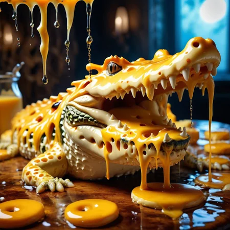 Jed-Drpgcese, masterpiece, full of details <lora:DrippingCheeseStyle-000006:0.8>, a crocodile, dynamic background, exquisite color, very, cinematic, grand illumination, beautiful detailed, great light, dynamic dramatic beautiful full taking, flowing, colorful, epic atmosphere, gorgeous