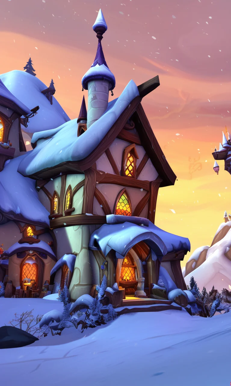 score_9, score_8_up, score_7_up, rating_safe BREAK, world of warcraft, cozy castle in a mountain, snow, warcraftstyle, scenery, <lora:WarcraftStyle_v2-000004:0.75>