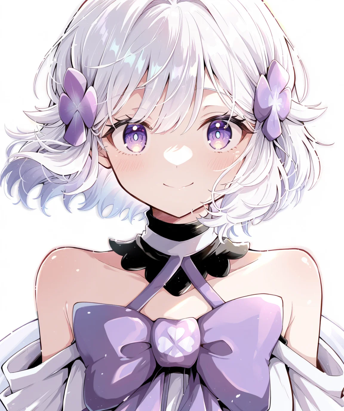 intricately detailed illustration, shiny skin, masterpiece, best quality, amazing quality, very aesthetic, newest, scenery, (volumetric lighting:1.1), full color, clear line, <lora:arte_v1:0.8>, arte, purple eyes, white hair, short hair, hair ornament, purple clover ornament, black choker, white dress, bare shoulders, purple ribbon, smile, upper body, simple background, <lora:cfg_scale_boost:0.7>