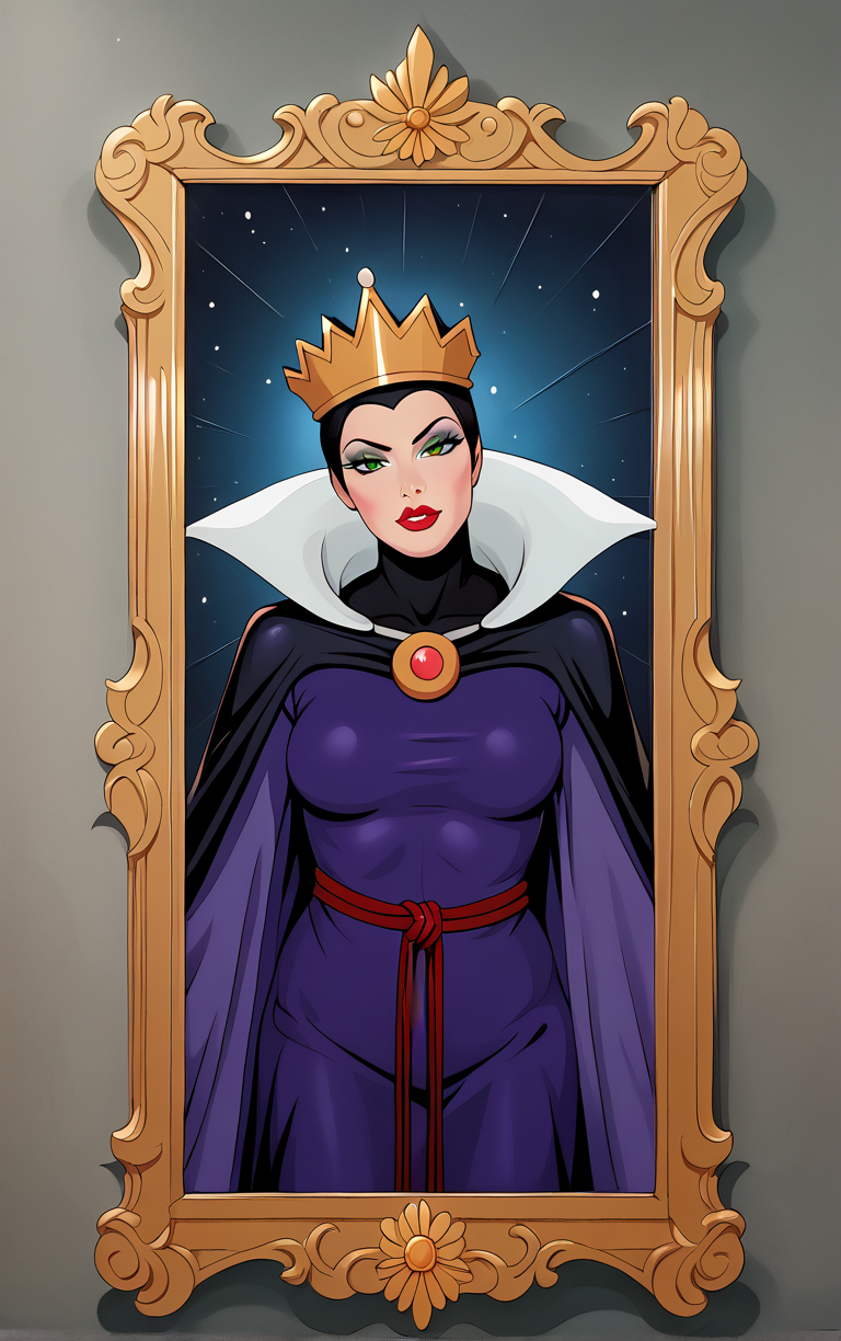 score_9, score_8_up, score_7_up, looking at viewer,  BREAK
Dress_QueenGrimhilde_ownwaifu,
1girl, crown,  makeup, lipstick, red lips,  green eyes,  eyeshadow, breasts,
red rope, rope belt, cape, dress, long sleeves, brooch, gem, robe, wide sleeves, purple dress, purple cape,  jewelry, high collar, silk,
(portrait, head tilt, looking at viewer), white border, bokeh, <lora:PONYXL_SnowWhite_QueenGrimhilde_ownwaifu:0.7>, solo,