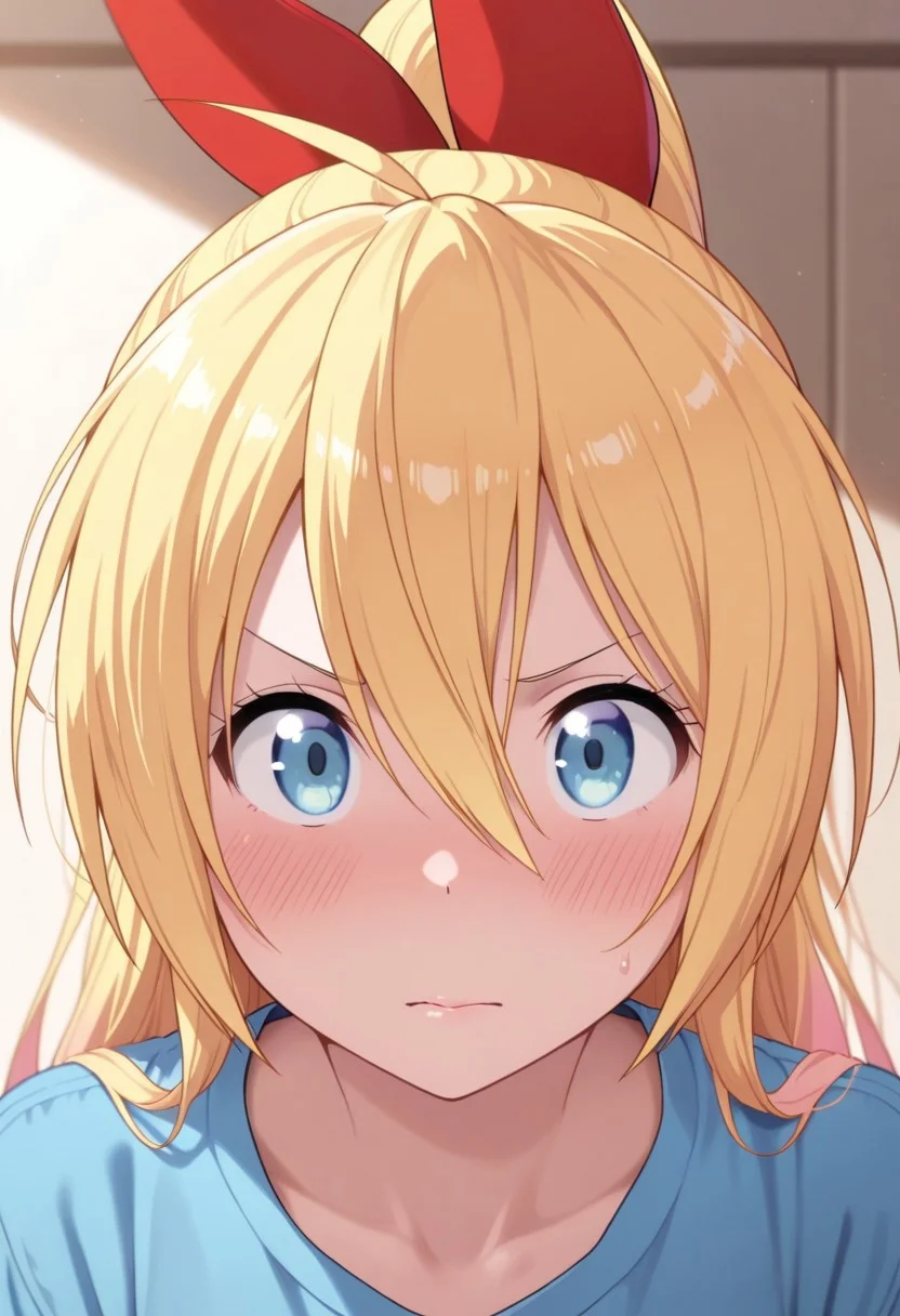 masterpiece,best quality,amazing quality, kirisaki chitoge, long hair, blonde hair, blue eyes, 1girl, solo, blush, looking at viewer, hair between eyes, ponytail, closed mouth