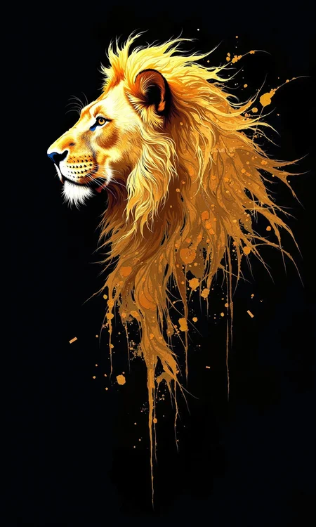 A stylized, golden lion head takes center stage against a deep black background. 
The lion's mane and face are rendered in a rich golden hue, with highlights and shadows suggesting texture and depth. The mane is depicted with a dynamic, almost painterly style, suggesting flowing movement and a sense of grandeur. The lion's features are sharp and bold, with a prominent eye and a powerful jawline.
The lion's fur and mane seem to be composed of overlapping, abstract strokes, giving it a slightly rough texture. The background is completely black, which contrasts sharply with the golden lion, drawing all attention to it.
Streaks of what appears to be golden-colored, stylized patterns or markings extend from the lion's body, creating a dynamic composition that frames and enhances the lion.  The overall impression is of a powerful, majestic creature, suggesting royalty or strength. The artistic style used borders between realism and abstraction.
<lora:FLUX-daubrez-DB4RZ-v2:1> DB4RZ, DB4RZ style painting