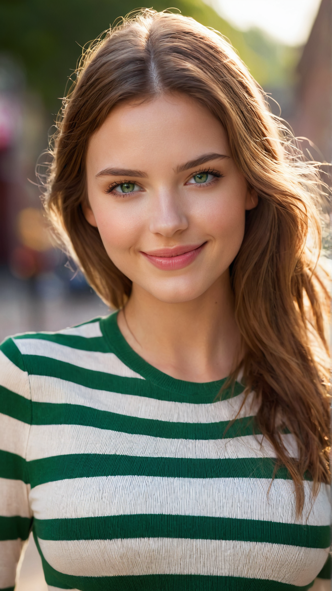 high quality, highres, masterpiece, perfect lighting, bloom, cinematic lighting, adult, perfect skin, female, cowboy shot, smile, narrow waist, skinny, detailed nose, detailed eyes, blue eyes, detailed hands, sensual, pink lips, ((glossy lips)), pursed lips, glossy skin, oily skin, beautiful light, bright, looking at viewer, standing, detailed fingers, cute girl, outdoors, cute, woman, subsurface scattering, ray traced, depth of field, bokeh, god rays, vivid colours, cinematic hard lighting, realistic shadows, detailed textures, long hair, huge breasts, 
1girl, solo, masterpiece, skinny, smile, naughty face, breasts, high-waist pants, long hair, 
symmetrical, High detail RAW color photo professional photograph, 
[:(highly detail face: 1.2):0.1], (PureErosFace_V1), pore, real human skin,
a portrait of a 18yo woman,
shiny eyes, looking at viewer,
tindal effect, lens flare, shade, bloom,
backlighting, depth of field, natural lighting, hard focus, film grain, photographed with a Sony a9 II Mirrorless Camera, by Laurence Demaison,
<lyco:GoodHands-beta2:1.0>, nice hands, perfect hands,  <lora:more_details:0.25>, closed mouth, high-waist jeans,
<lora:zaraXL-v2:1>, long sleeves, midriff, striped, shirt, striped shirt, crop top, green, white, green-white,