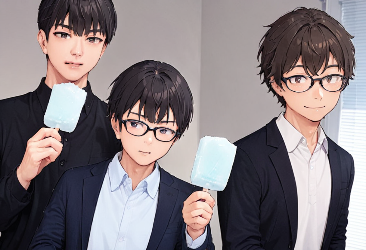 masterpiece, best quality, very aesthetic, absurdres,
garigarikun, food, multiple boys, male focus, 3boys, shirt, blinds, looking at viewer, white shirt, jacket, black hair, collared shirt, holding, black shirt, parted lips, black jacket, brown hair, holding food, formal, short hair, open clothes, smile, glasses
 <lora:garigarikun_SDXL_V1:1>
