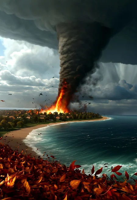 tornado over ocean, burning leaves, epic battle, masterpiece, dynamic, highly detailed