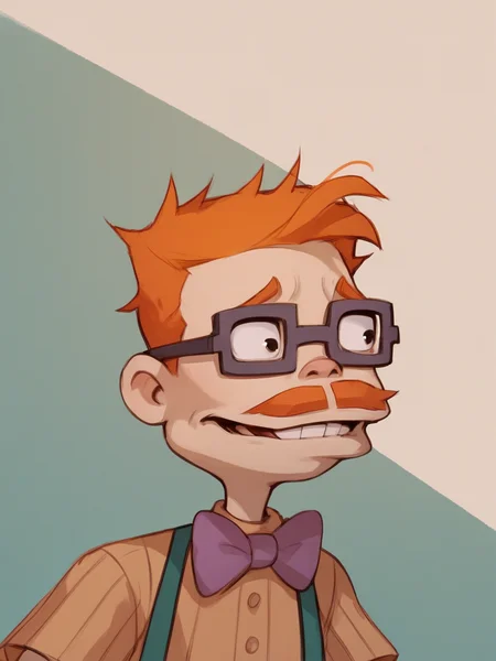 score_9, score_8_up, score_7_up, score_6_up, score_5_up, <lora:chasfinsterXLP:1> chas finster, 1boy, bowtie, glasses, mustache, orange hair,