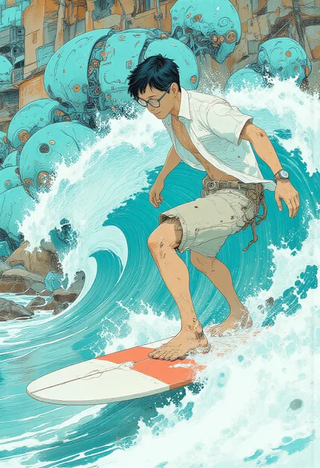 masterpiece, In the style of ff-td, newest, best quality, amazing quality, very aesthetic, aidmainkstyle, a young guy surfing on a wave in ocean, hight speed, white unbuttoned shirt, shorts, glasses, barefoot, smiling, happy, confident pose, white surf with a red stripe, the ocean consists of turquoise robots, many turquoise robots, robots instead of water, summer, bright light, Perfect hand