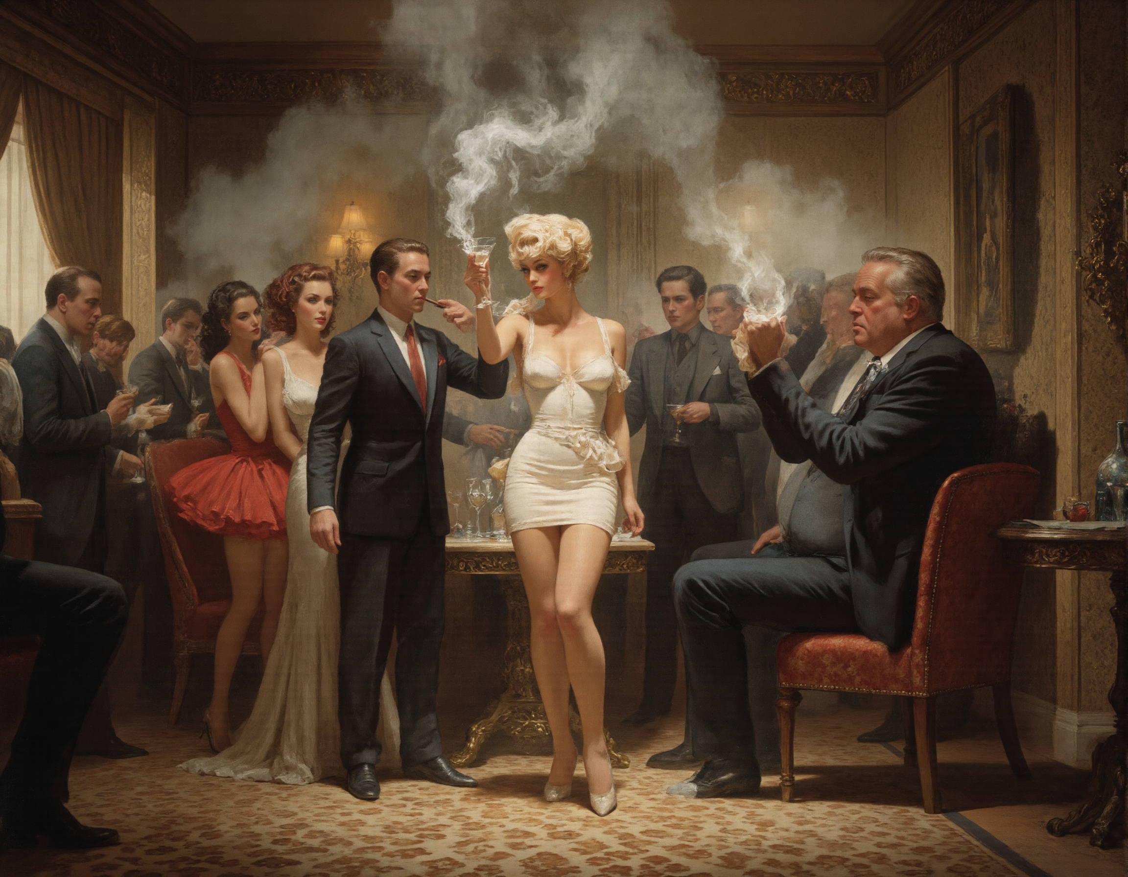 Norman Rockwell style AA swanky 1950s Manhattan cocktail party, dripping with mid-century glamourâmen in sharp suits, women in tight cocktail dresses with plunging necklines. Jerry Finn, slightly tipsy, stands in the center, charming a glamorous socialite with his broken English and over-the-top compliments. She responds with a coy smile, twirling her martini glass, while her jealous husband, a portly businessman with a comically red face, glares, clutching his cigar. The room is a haze of cigarette smoke, with a tacky leopard-print rug and gaudy gold decor amplifying the ridiculousness, <lora:MysticXXX-V7:0.5>, <lora:Dark_Fantasy_Pulp_Pinup:0.5> . Realistic, narrative, Americana, detailed, "abstract