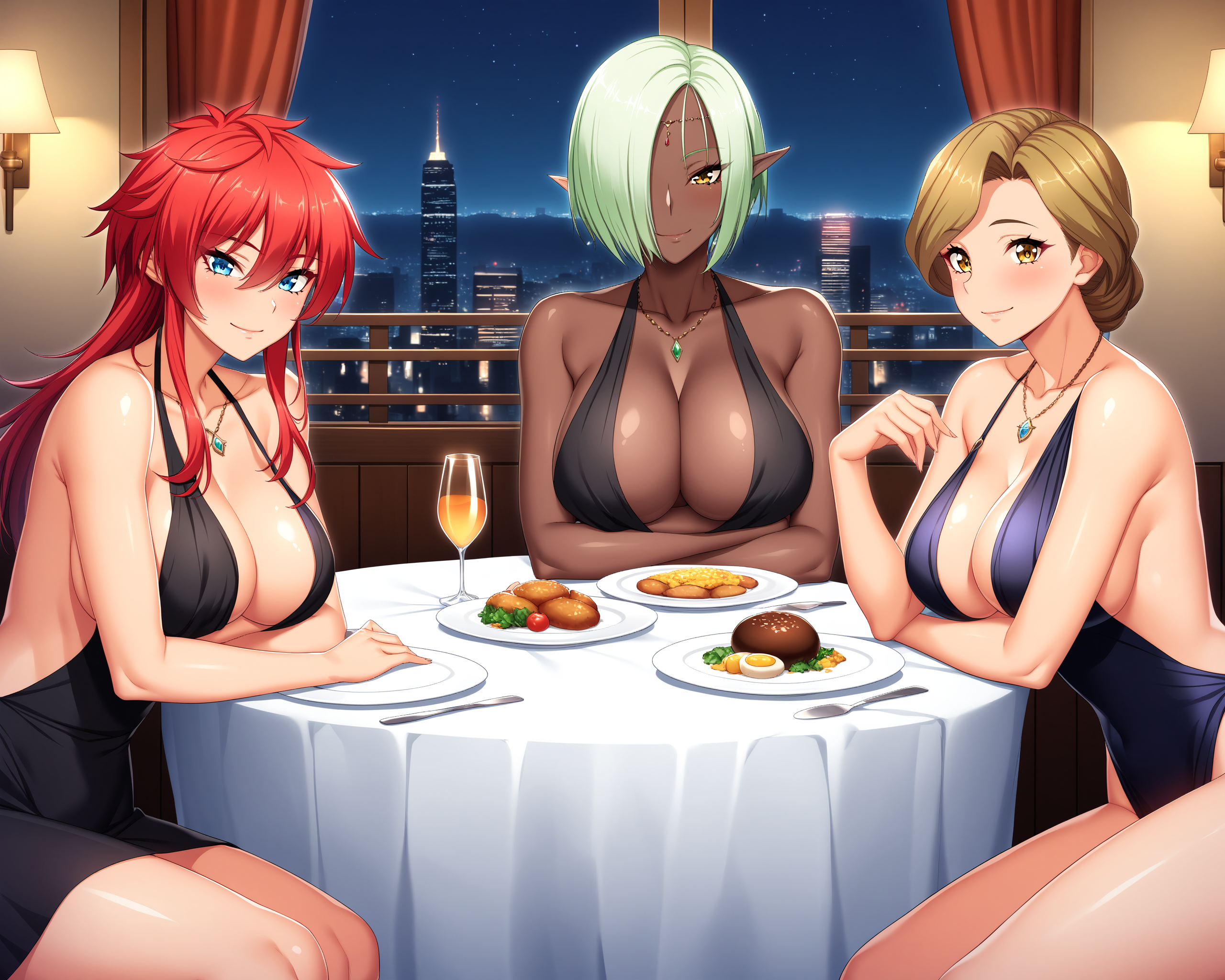 masterpiece, best quality, absurdres, very aesthetiuc, 3girls, ViolaAuris, StellaFons, EllisAngel, va's circlet, sitting behind table, looking at viewer, light smile, raised eyebrows, upper body, evening gown, plunging neckline, table, tablecloth, plate, food, crossed arms, holding glass, backless dress, indoors, night, restaurant, winodw, cityscape, <lora:v-s-e-n-anxl-000079:0.6>,