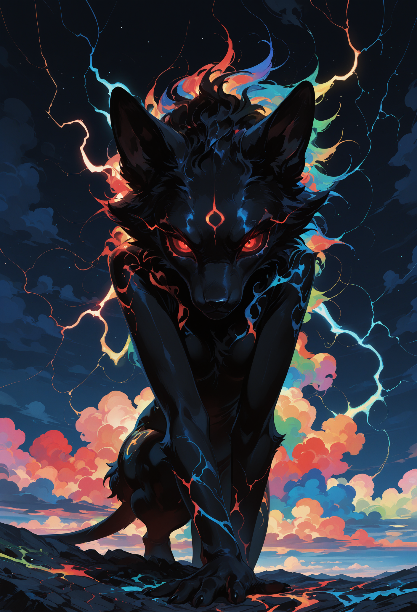 masterpiece, best quality, good quality, very awa, newest, highres, absurdres, no lineart, no outline, 1girl, solo, looking at viewer, red eyes, closed mouth, outdoors, sky, cloud, colored skin, night, glowing, cloudy sky, furry, 1other, night sky, glowing eyes, colored sclera, furry female, dark, lightning, black fur, red sclera, (monochrome, negative space),perspective, colorful, psychedelic, painterly, fine art, mythp0rt, wat, in the style of cksc