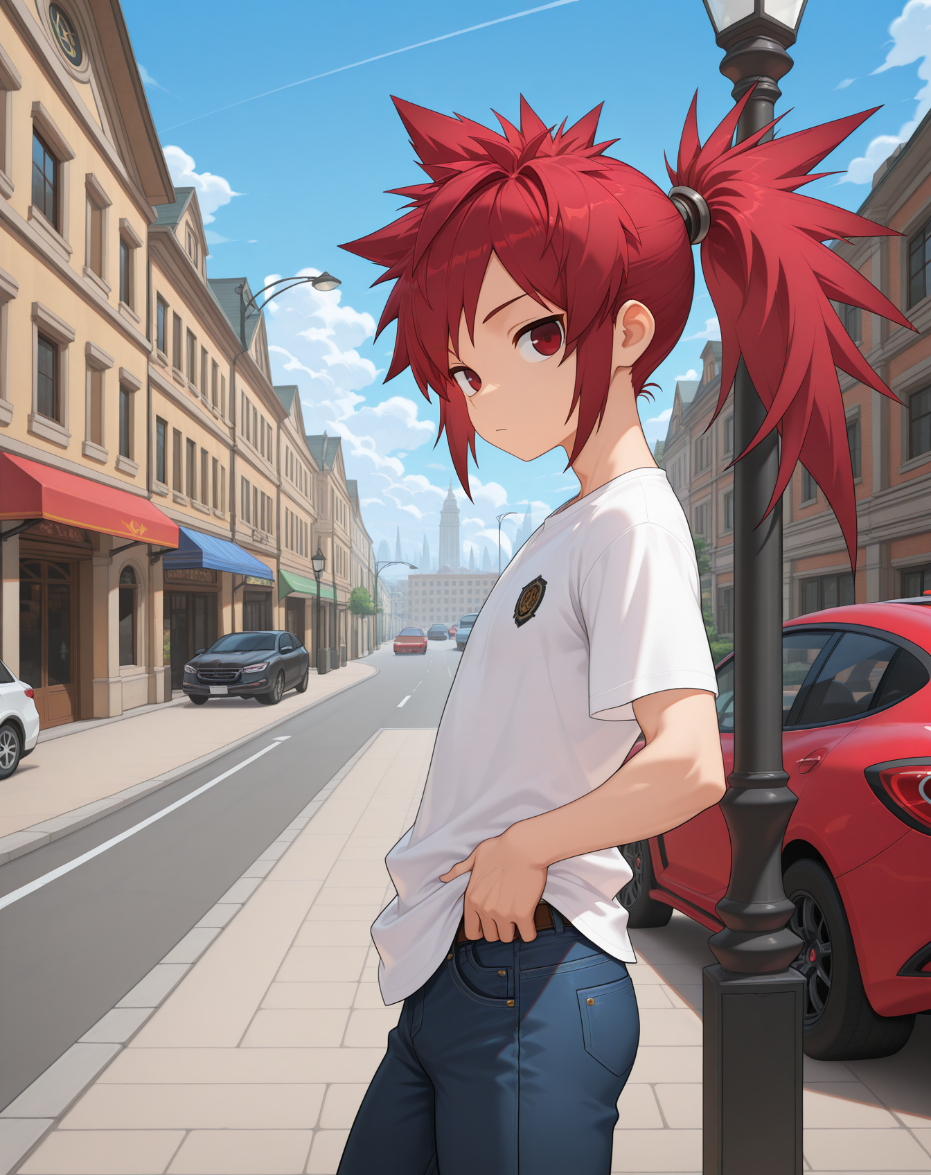 masterpiece,best quality,amazing quality, newest, very aesthetic, absurdres,
1boy, solo, yaoi, male focus, looking at viewer, cowboy shot, standing,
 <lora:Elsword_Sheath_Knight_ilxl:1>   elswordsk, red hair, red eyes, spiked hair, long hair, ponytail,
white shirt, jeans, sneakers,
outdoors, day, blue sky, building, street, road, lamppost, car,