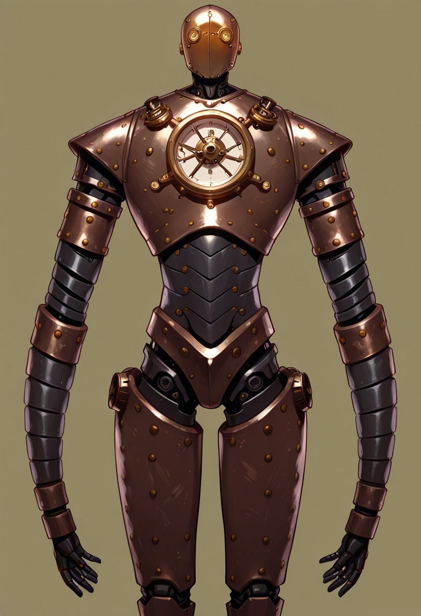 masterpiece, best quality, 
BREAK, (solo), 1other, ((humanoid)), (((no human))), (((steampunk))), (((mechanical body))), (((automaton))), 
 (segmented arms), 
 looking at viewer, standing, 
<segment:yolo-Anzhc Face seg 640 v2 y8n.pt,0.4,0.5//cid=1>
simple background,