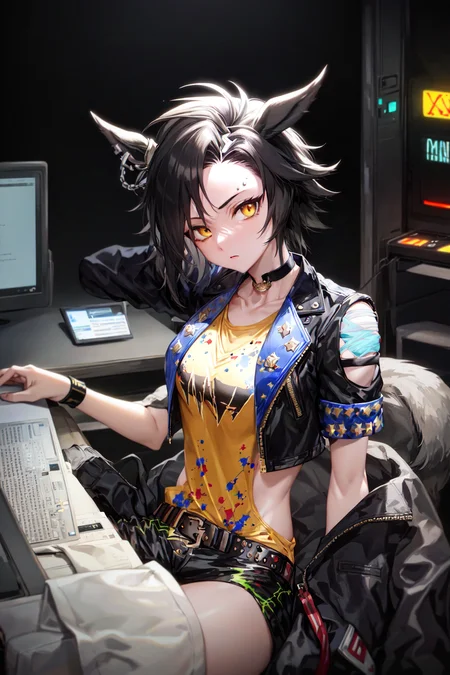 masterpiece, best quality,
air shakur \(umamusume\),
dark inside, dark background,
sitting, server room, servers, keyboard \(computer\), monster energy,
yellow shirt, yellow tank top, side cutout, black choker, necklace, short sleeves, shoulder cutout, crop top, blue collar, cropped jacket, black jacket, open jacket, zipper, wristband, bracelet, belt,
<lora:air_shakur_loha-000007:0.7>
